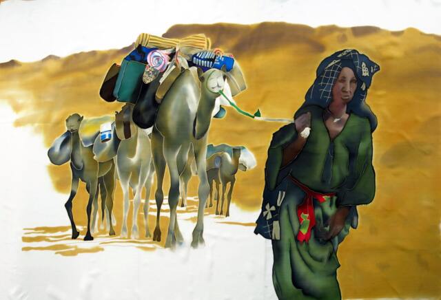 Hand Painted Silk Painting, Sahara Camel Nomad Art - 51x35 - image 1