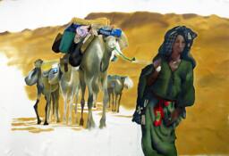 Hand Painted Silk Painting, Sahara Camel Nomad Art - 51x35 - thumbnail 1