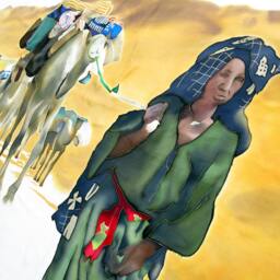 Hand Painted Silk Painting, Sahara Camel Nomad Art - 51x35 - thumbnail 2