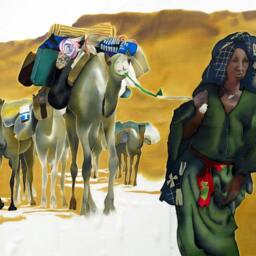 Hand Painted Silk Painting, Sahara Camel Nomad Art - 51x35 - thumbnail 3