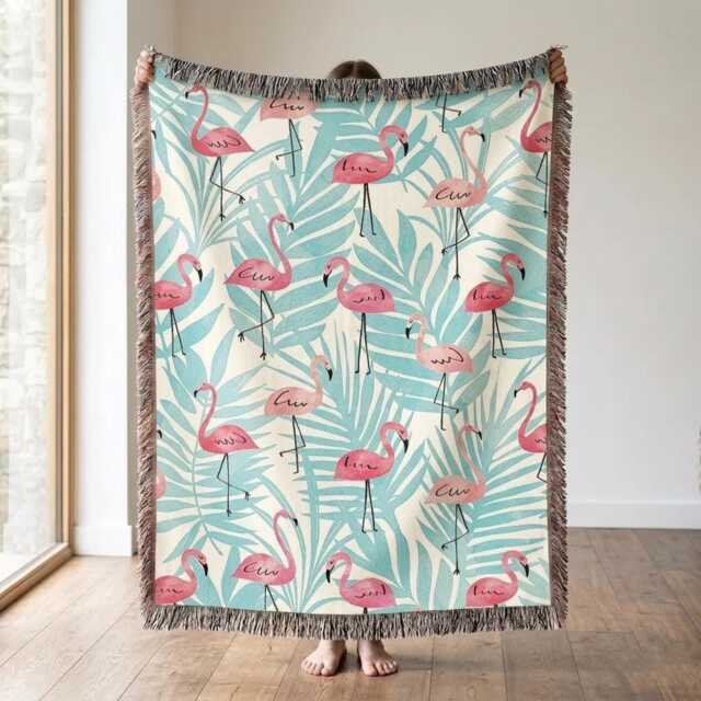 Pink Flamingo Woven Blanket, Tropical Throw Coastal Beach House Decor, Summer Gift - image 1
