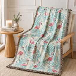 Pink Flamingo Woven Blanket, Tropical Throw Coastal Beach House Decor, Summer Gift - thumbnail 2