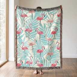 Pink Flamingo Woven Blanket, Tropical Throw Coastal Beach House Decor, Summer Gift - thumbnail 1