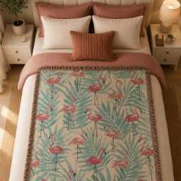 Pink Flamingo Woven Blanket, Tropical Throw Coastal Beach House Decor, Summer Gift - thumbnail 3