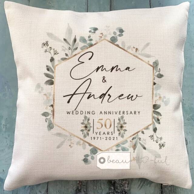 Personalised Wedding Anniversary Gift 25Th 50Th 1St Golden Silver Ruby Geometric Greenery Design Linen Style Cushion Cover