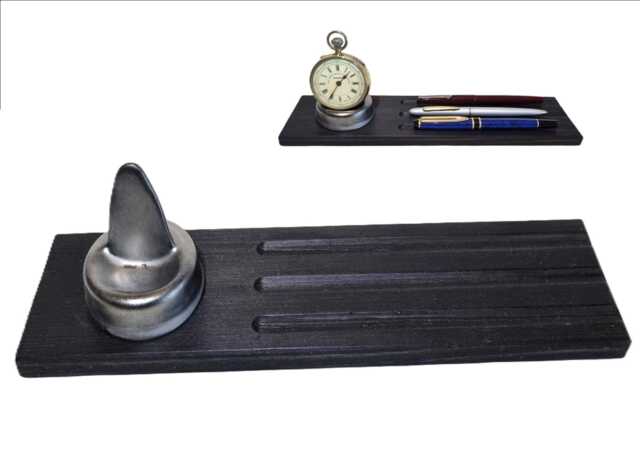 Handcrafted Wood Pocket Watch Stand With Pen Rest, Rustic Ebonised Wood Desk Display - image 1