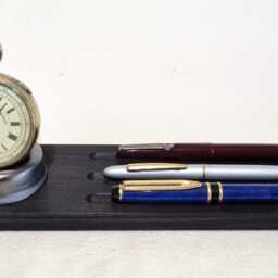 Handcrafted Wood Pocket Watch Stand With Pen Rest, Rustic Ebonised Wood Desk Display - thumbnail 4