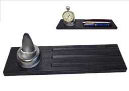 Handcrafted Wood Pocket Watch Stand With Pen Rest, Rustic Ebonised Wood Desk Display - thumbnail 1