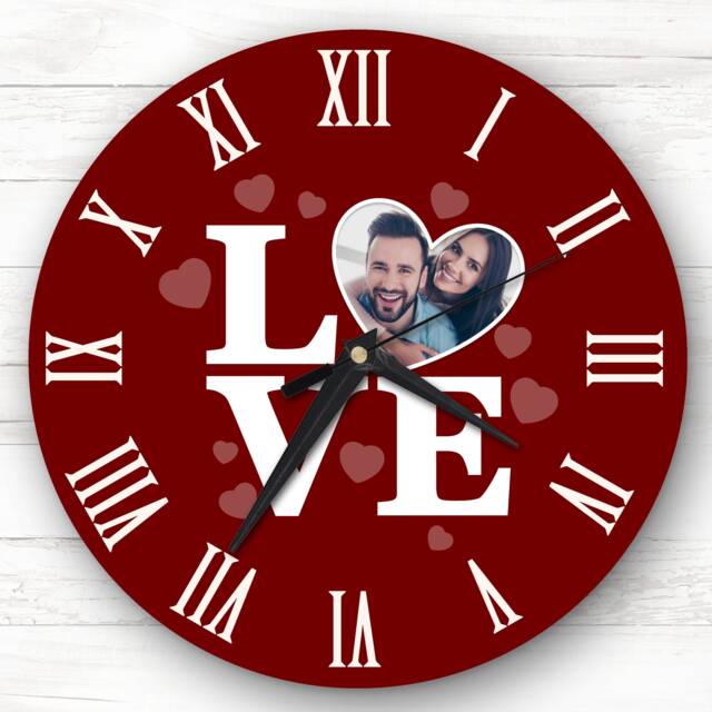 Burgundy Background Love Photo Anniversary Valentine's Gift Personalised Clock - image 1