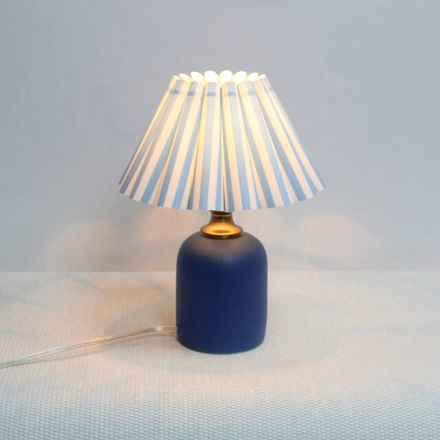 Handmade Scallop Light Blue Stripes Fabric Lamp, Blue Ceramic Decor-100# - image 1