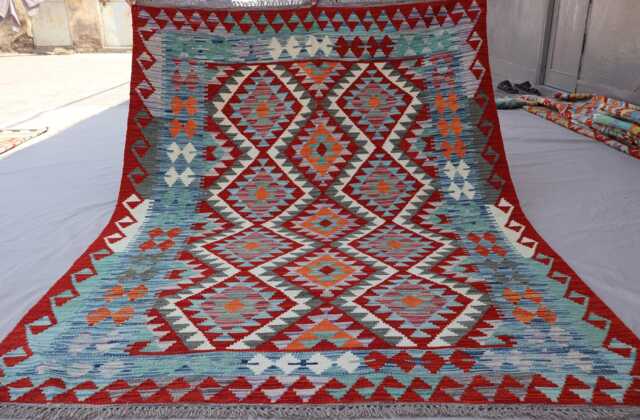 5x7 Geometric Design Kilim Rug, Boho Afghan Handmade Wool Flatweave Natural Veg Dyes Oriental Area Bedroom Living Room - image 1