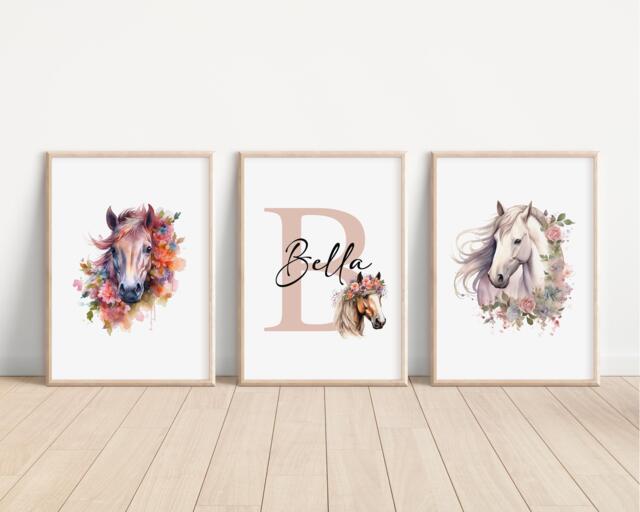 Set Of 3 Personalised Floral Horse Prints, Farm Animal Bedroom Decor, Nursery Wall Art, Kids Room Print, House Decor - image 1