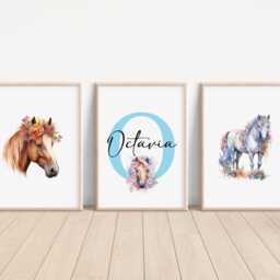 Set Of 3 Personalised Floral Horse Prints, Farm Animal Bedroom Decor, Nursery Wall Art, Kids Room Print, House Decor - thumbnail 2