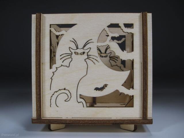 Laser Cut Plywood Tealight Lantern Halloween Cat & Bats Luminary - image 1