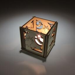 Laser Cut Plywood Tealight Lantern Halloween Cat & Bats Luminary - thumbnail 3