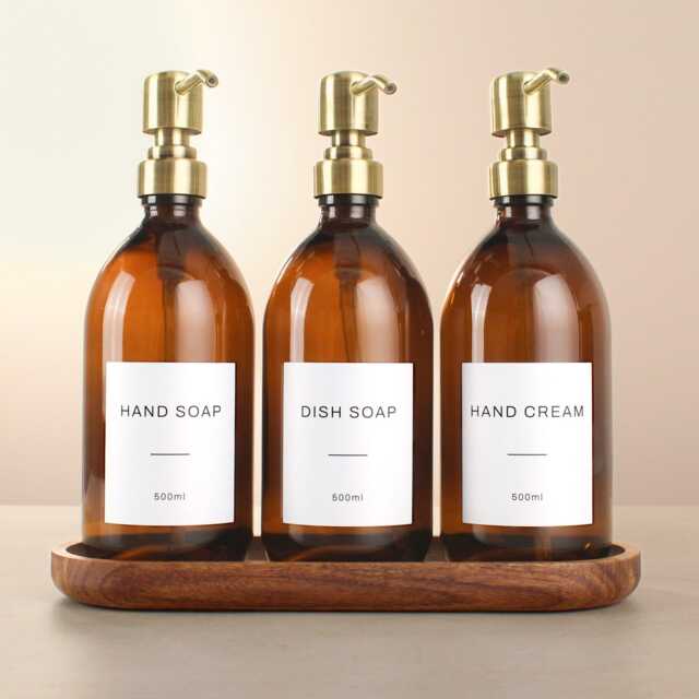Acacia Tray & Amber Glass Dispenser Set - Labelled Refillable Bottle With Gold Pump & Label - For Shampoo, Hand Soap, Cream, Body Wash - image 1