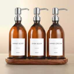 Acacia Tray & Amber Glass Dispenser Set - Labelled Refillable Bottle With Gold Pump & Label - For Shampoo, Hand Soap, Cream, Body Wash - thumbnail 3