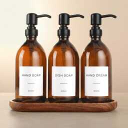 Acacia Tray & Amber Glass Dispenser Set - Labelled Refillable Bottle With Gold Pump & Label - For Shampoo, Hand Soap, Cream, Body Wash - thumbnail 2