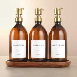 Acacia Tray & Amber Glass Dispenser Set - Labelled Refillable Bottle With Gold Pump & Label - For Shampoo, Hand Soap, Cream, Body Wash