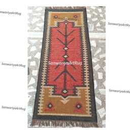 Handmade Wool Jute Runner Rug Multicolor Geometric Shape Navajo Bohemian Large Area Hallway Rug, Laundry Indoor Entryway - thumbnail 2