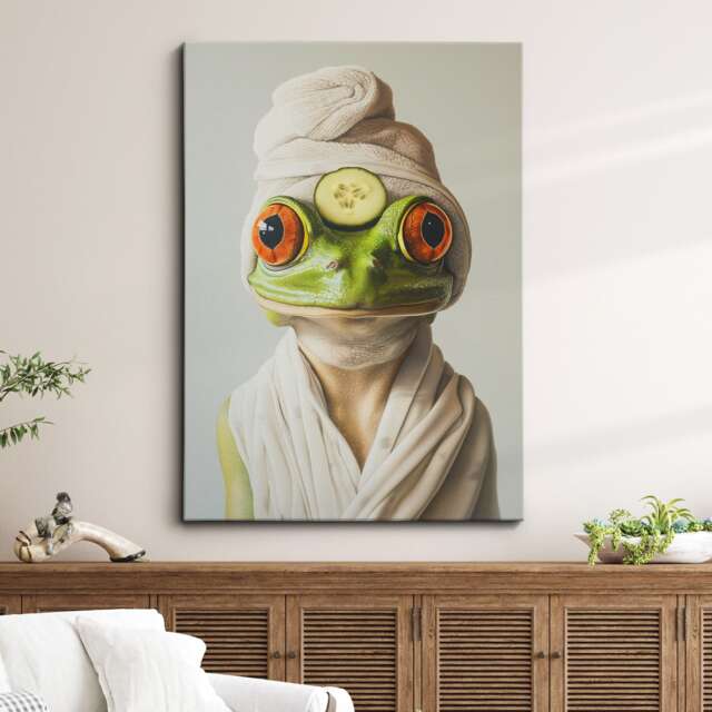 Frog Beauty Care Towel Bath Tub Framed Poster Print & Canvas Wall Decor Art Painting Bedroom Home Bathroom Funny Animal Lover Gift - image 1