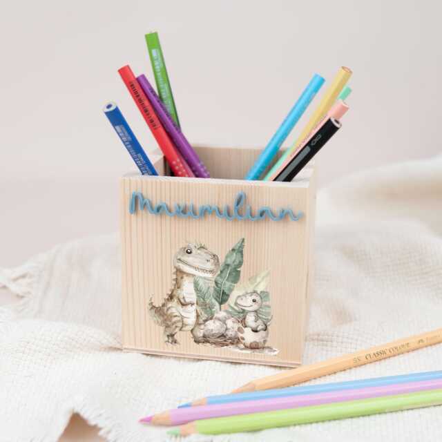 Personalized Wooden Pencil Cup, Holder Dino, Christmas Gift For Boys Starting School, Decoration Children's Room - image 1