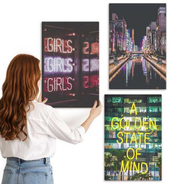 Canvas Set Of 3 - Neon Signs The City At Night With A View River, Brown Wall Art, Travels Hanging Piece - image 1