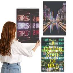Canvas Set Of 3 - Neon Signs The City At Night With A View River, Brown Wall Art, Travels Hanging Piece - thumbnail 1