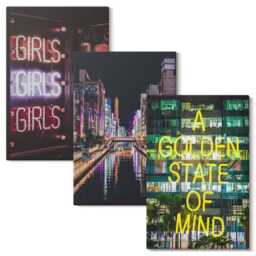 Canvas Set Of 3 - Neon Signs The City At Night With A View River, Brown Wall Art, Travels Hanging Piece - thumbnail 2
