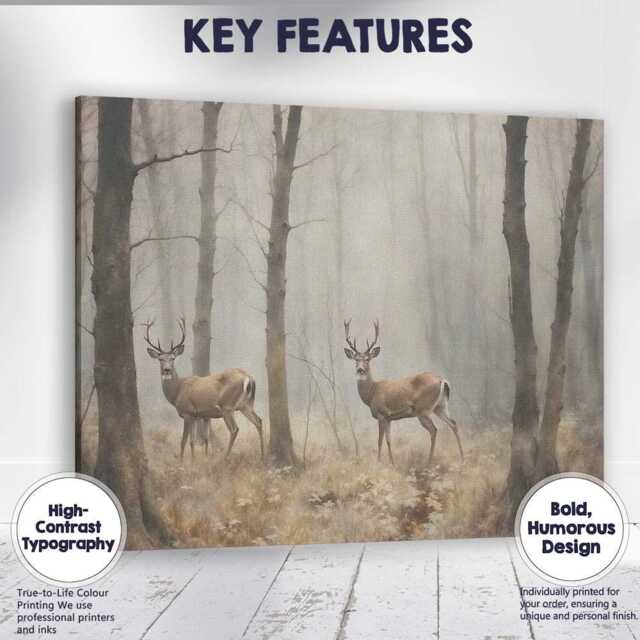 Misty Woodland Deer Wildlife Forest Landscape Canvas Wall Art Print Decor Picture Ready To Hang - image 1