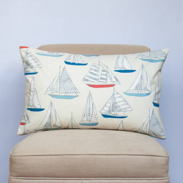 Sail Away Yacht Xl Rectangular Cushion. Traditional Nautical Design Of Boats in Marine Blue & Sun Lounger Red. 23X15 - image 1
