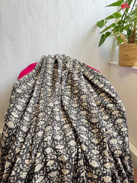 Kantha Stitch Bagru Hand-Print Pure Cotton Reversible Bed/Sofa Throw King Size - Handmade Floral Dohar Earthy Monochrome Black Beige Lotus - image 1