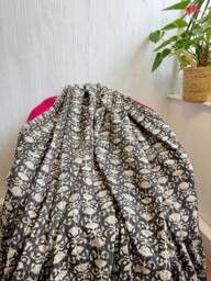Kantha Stitch Bagru Hand-Print Pure Cotton Reversible Bed/Sofa Throw King Size - Handmade Floral Dohar Earthy Monochrome Black Beige Lotus - thumbnail 1