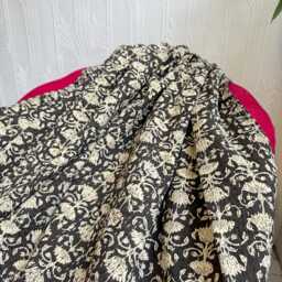 Kantha Stitch Bagru Hand-Print Pure Cotton Reversible Bed/Sofa Throw King Size - Handmade Floral Dohar Earthy Monochrome Black Beige Lotus - thumbnail 2
