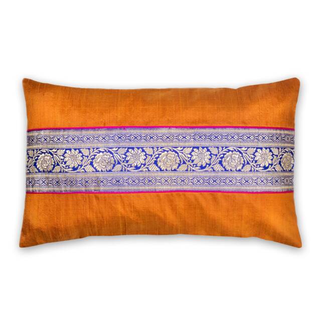 Mustard & Blue Lumbar Pillow - Handmade Pure Silk Decorative Cover Living Room Decor House Warming Gift For Her - image 1