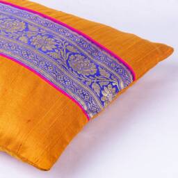 Mustard & Blue Lumbar Pillow - Handmade Pure Silk Decorative Cover Living Room Decor House Warming Gift For Her - thumbnail 4