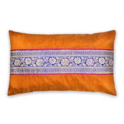 Mustard & Blue Lumbar Pillow - Handmade Pure Silk Decorative Cover Living Room Decor House Warming Gift For Her - thumbnail 1