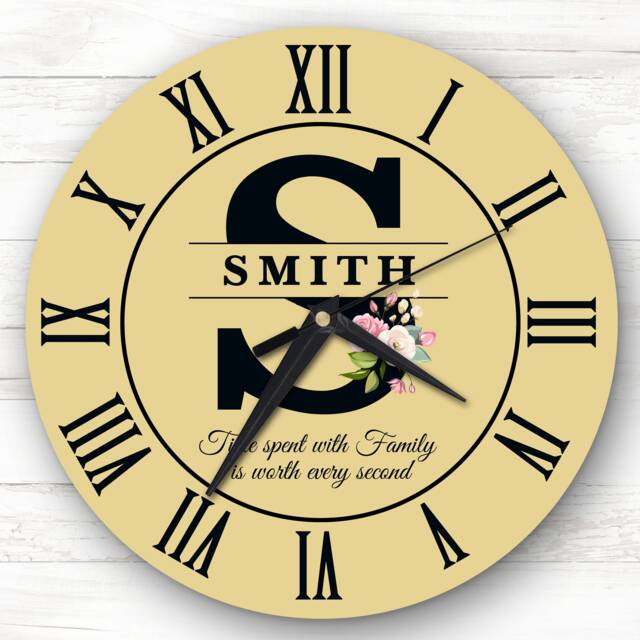 Mustard Yellow Floral Family Name Any Initial Gift Personalised Clock - image 1
