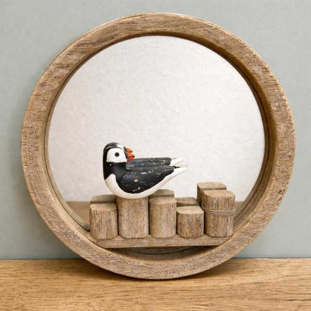 Rustic Puffin Round Mirror Nautical Hook Wall Hanging Beach Seaside Living Indoor Decoration - image 1