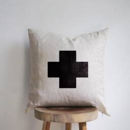 Hand Painted Swiss Cross Linen Pillow Cover Minimal Scandinavian Decor - thumbnail 1
