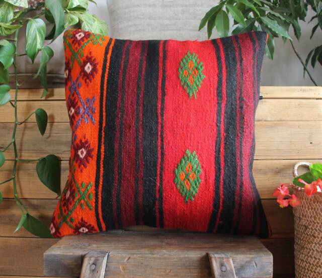 45cm Vintage Kilim Pillow Cover Handwoven - Vibrant Red Orange Black - image 1