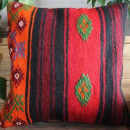 45cm Vintage Kilim Pillow Cover Handwoven - Vibrant Red Orange Black - thumbnail 2