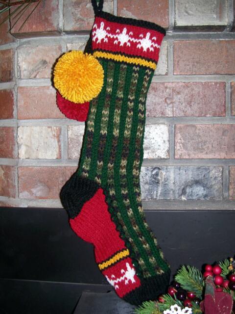 Hand Knit Christmas Stocking Camo Hunter Green Stripe Snowflake Border Santa's Works - image 1