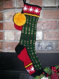 Hand Knit Christmas Stocking Camo Hunter Green Stripe Snowflake Border Santa's Works
