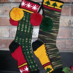 Hand Knit Christmas Stocking Camo Hunter Green Stripe Snowflake Border Santa's Works - thumbnail 2