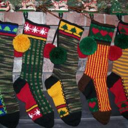 Hand Knit Christmas Stocking Camo Hunter Green Stripe Snowflake Border Santa's Works - thumbnail 4