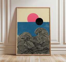 Japanese Wave Poster, Minimal Ocean Wall Art, Retro Print, Modern Abstract Sea Decor, Wabi Sabi Coastal Artwork, Zen Design - thumbnail 1