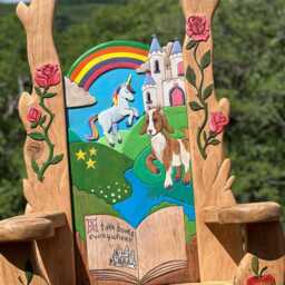 Bespoke School Storytelling Chair - Hand-Carved Fairytale Design Solid Oak Schools Libraries Handmade Wales UK - thumbnail 2