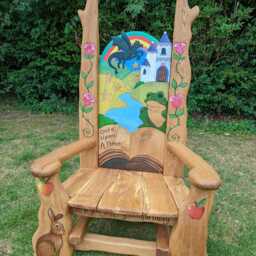 Bespoke School Storytelling Chair - Hand-Carved Fairytale Design Solid Oak Schools Libraries Handmade Wales UK - thumbnail 4