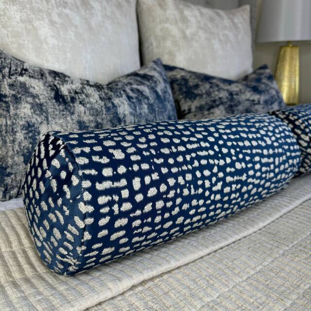 "Absolutely Stunning Navy Bed Cushion, Accent Modern Decorative Pillow Sofa Estrada Gold Shim Pillow, Luxury Bolster 16""x6" - image 1